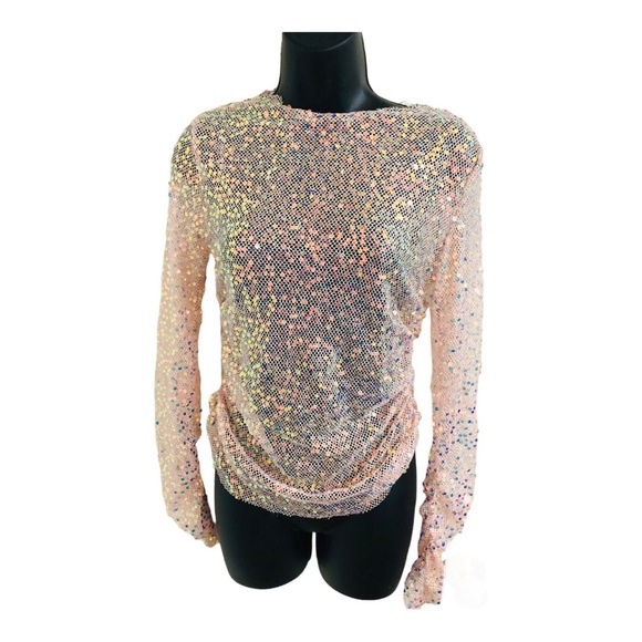 Sans Souci Pink‎ Sequin sheer mesh iridescent shirred side and sleeve top size M - Picture 4 of 11